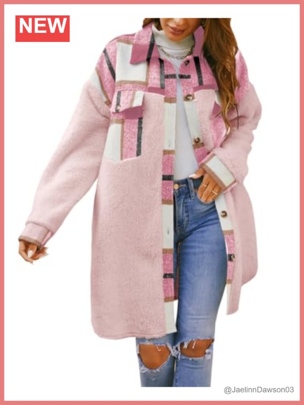 Womens Fuzzy Fleece Shacket Plaid Button Down Flannel Shirt Jacket Winter Coat